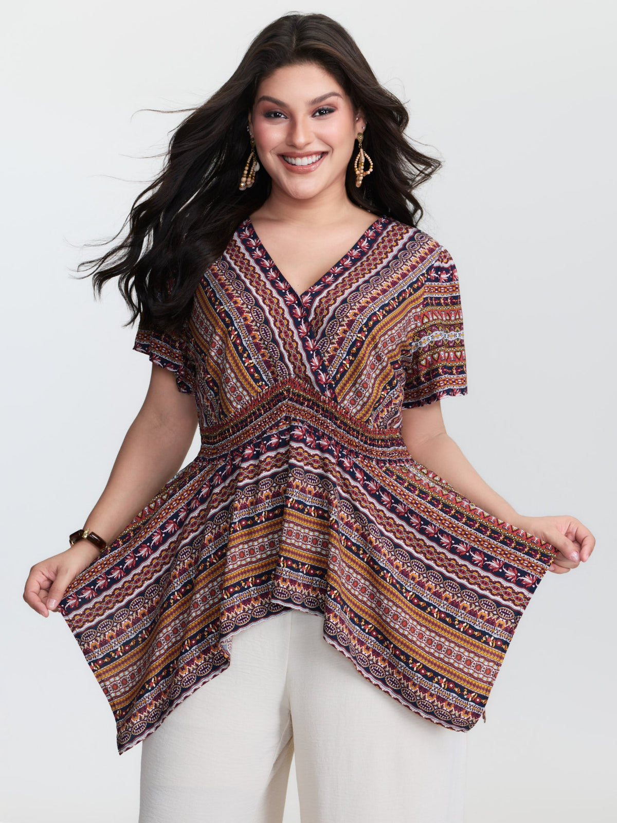 Boho Striped Print Handkerchief Hem Blouse