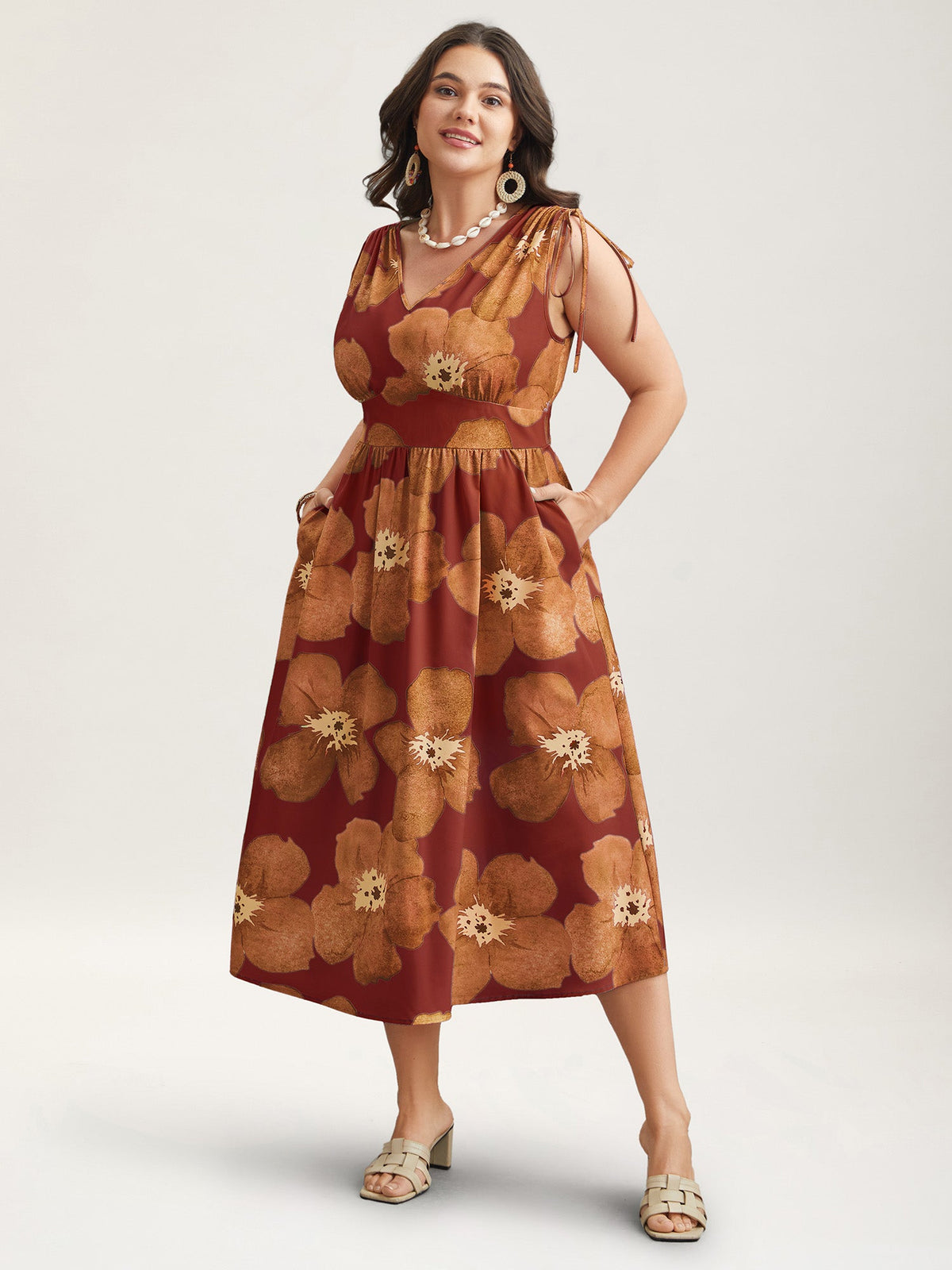 Floral Print V-Neck Tied Midi Dress