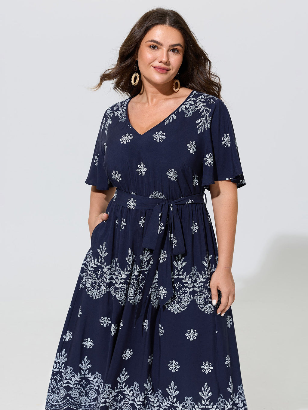 Boho Floral Print Belted Midi Dress