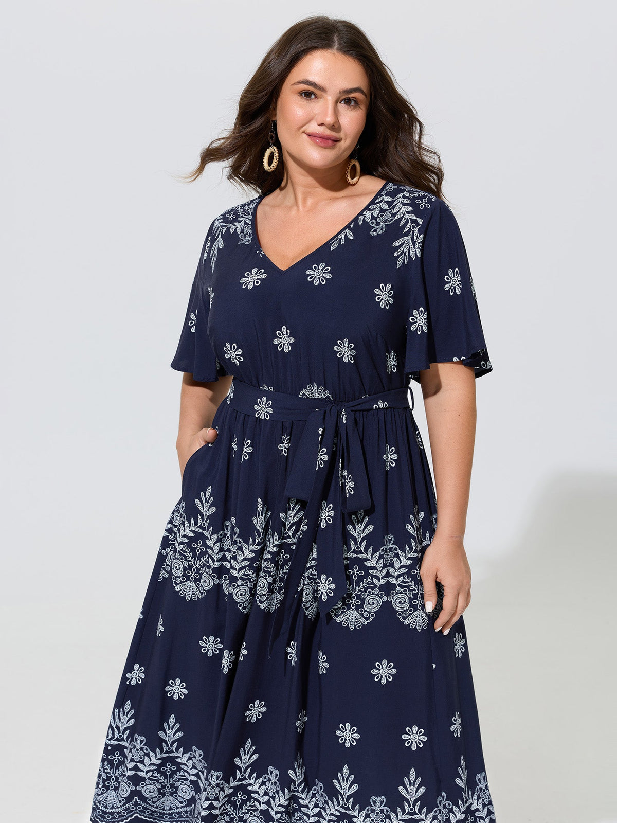 Boho Floral Print Belted Midi Dress