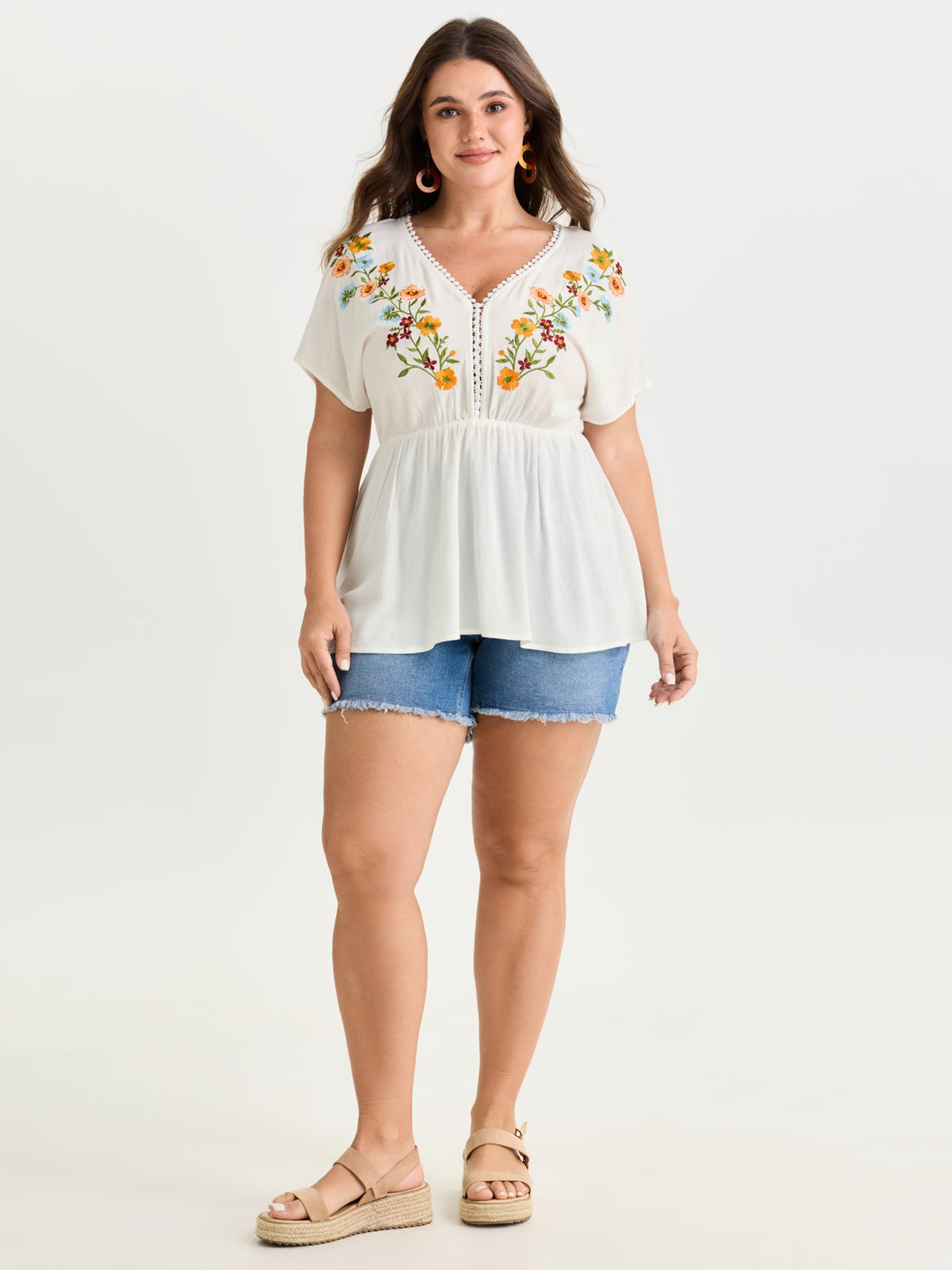 Floral Embroidered Neckline Flowy Blouse