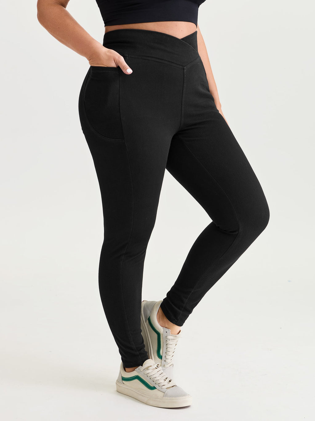 Stretchy Skinny-Fit Overlap Waist Knit Jeans