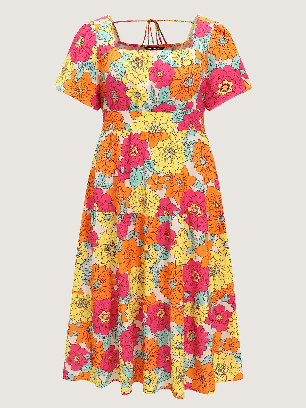 Bright Floral Print Shirred Midi Dress