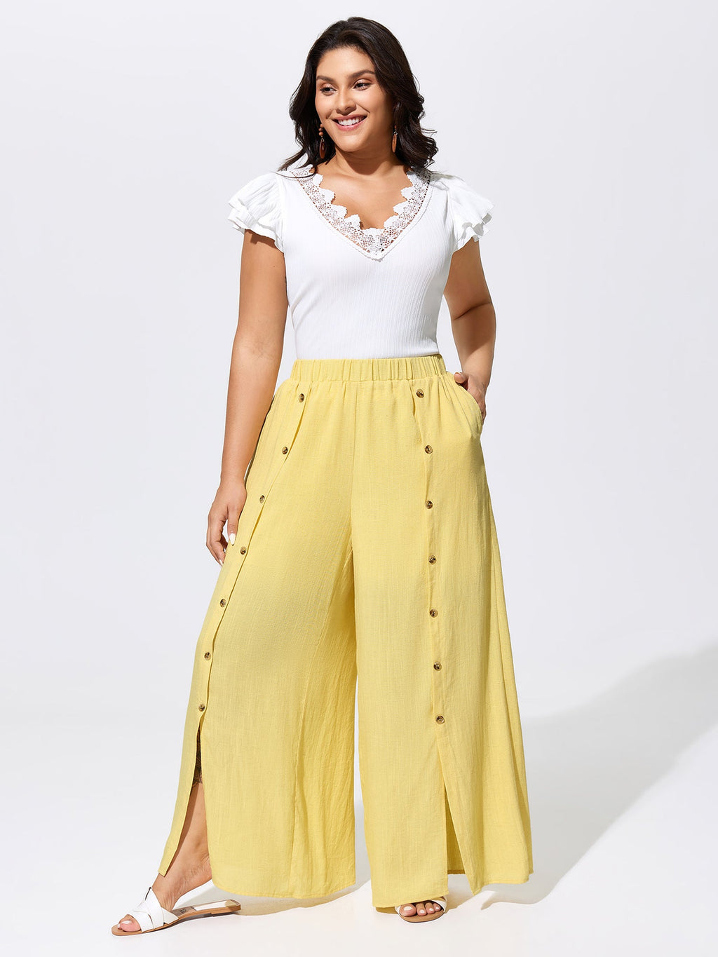 Linen Blend Button Detail Hem Split Sheer Pants