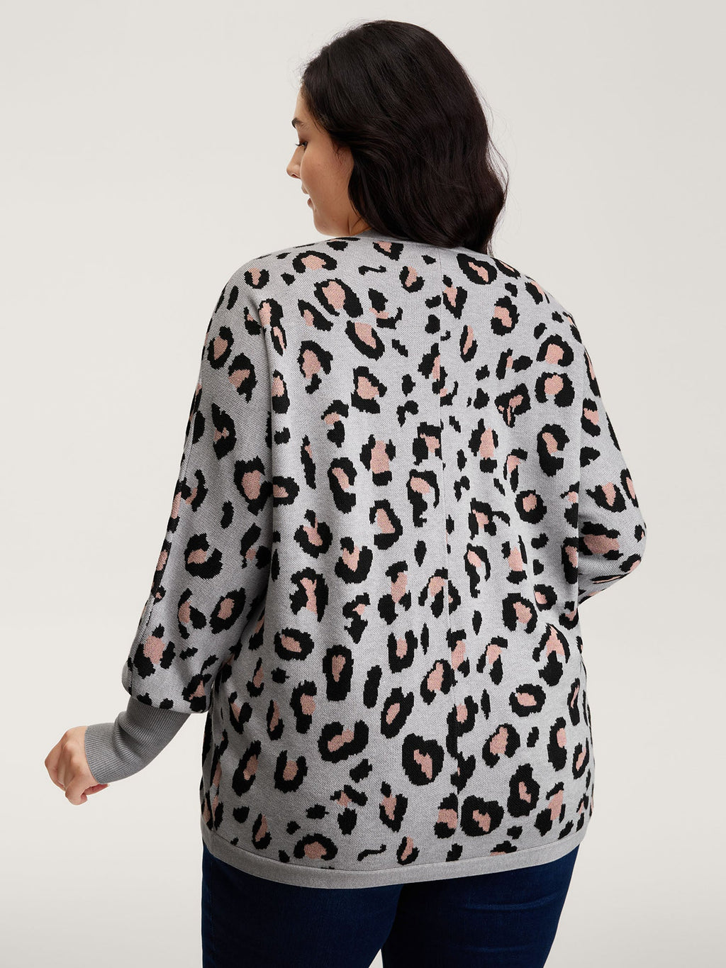 Leopard Print Arc Hem Pockets Knit Cardigan