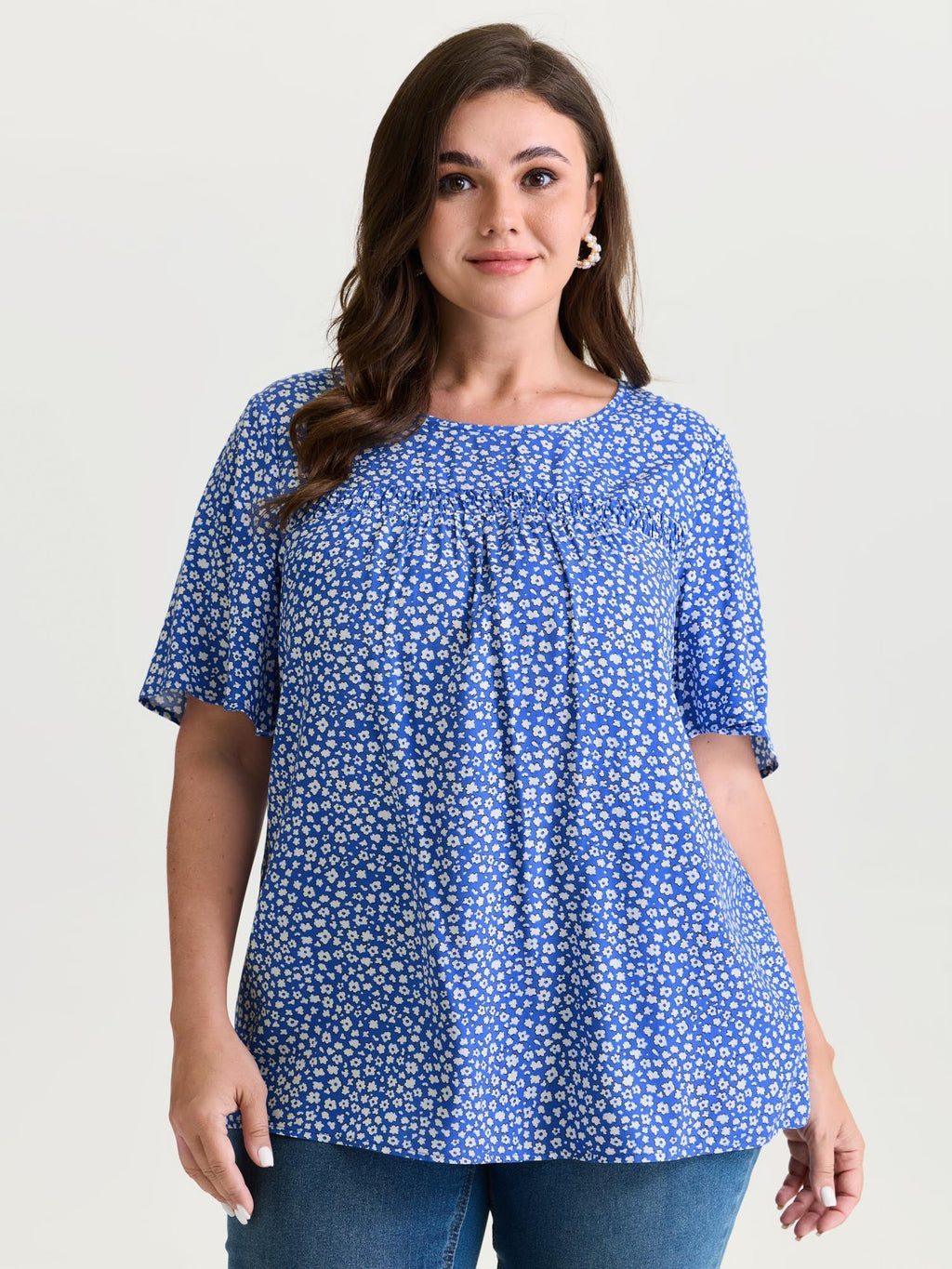 Floral Ruffle Sleeve Gathered Round Neck Blouse
