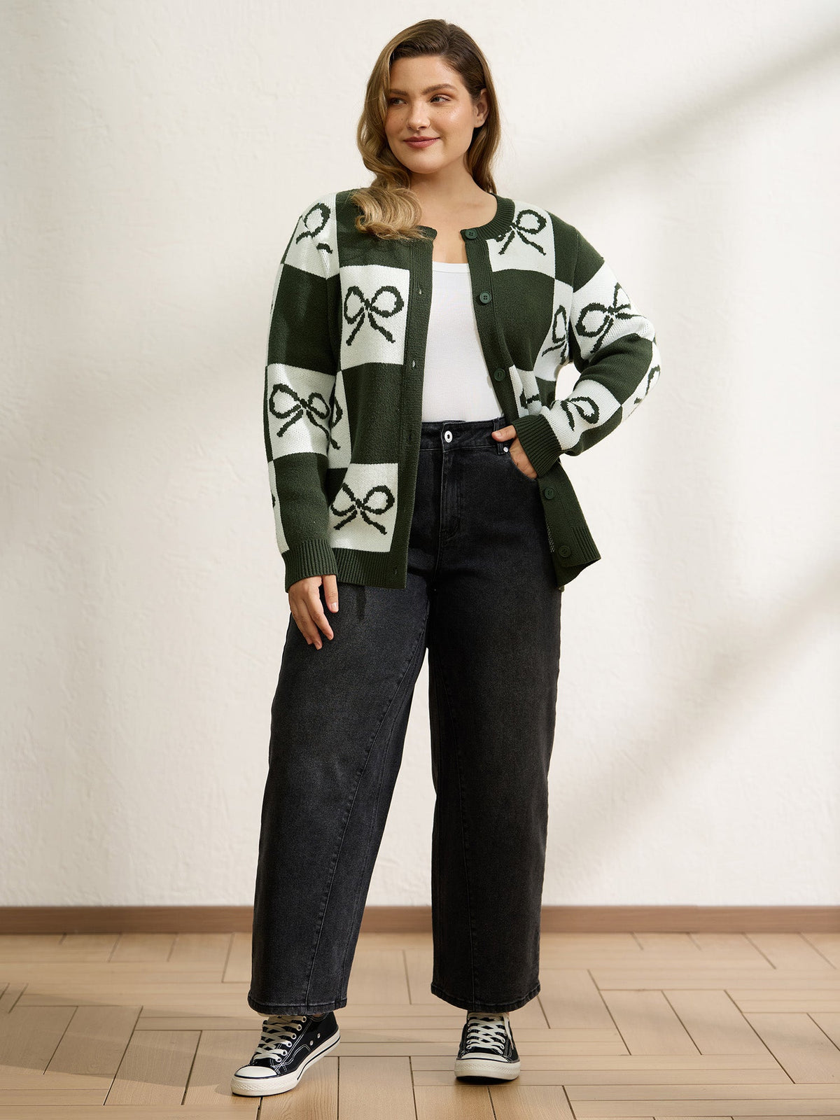 Checkered Bowknot Contrast Knit Cardigan