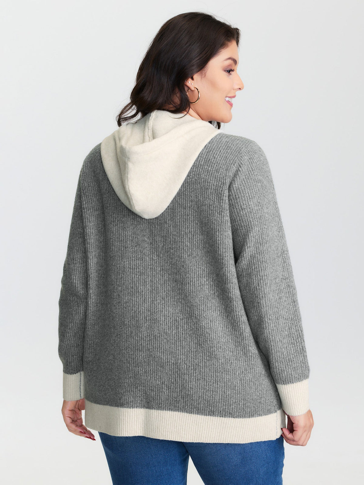 Hooded Colorblock Pockets Button Knit Cardigan
