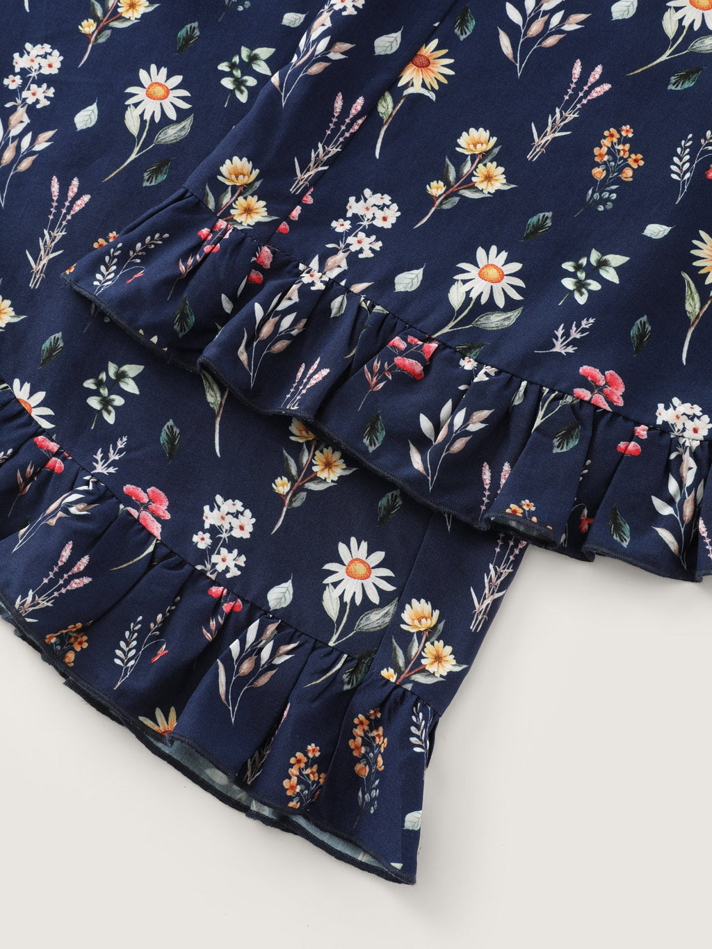 Colorful Floral Print Shirred Waist Ruffled Pants
