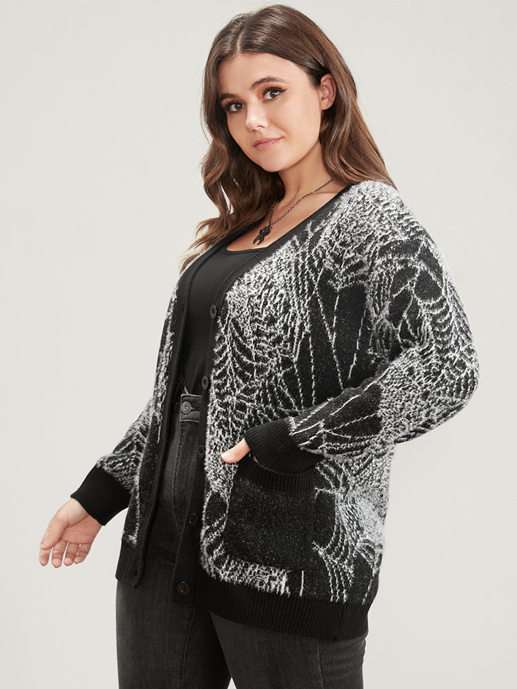 Spider Web Plush Knit Pocket Button Front Cardigan
