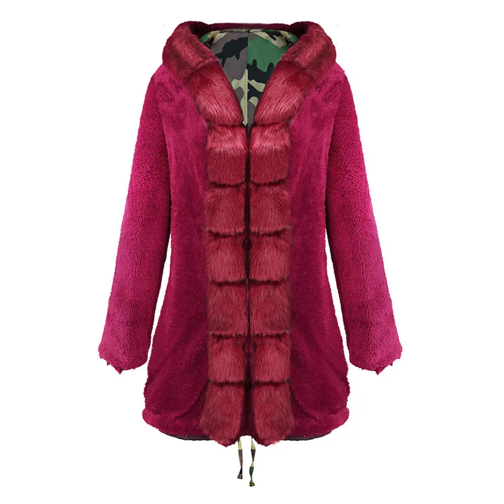 Womens Hooded Camouflage Warm Winter Coats Faux Fur Jacket Parka Overcoat