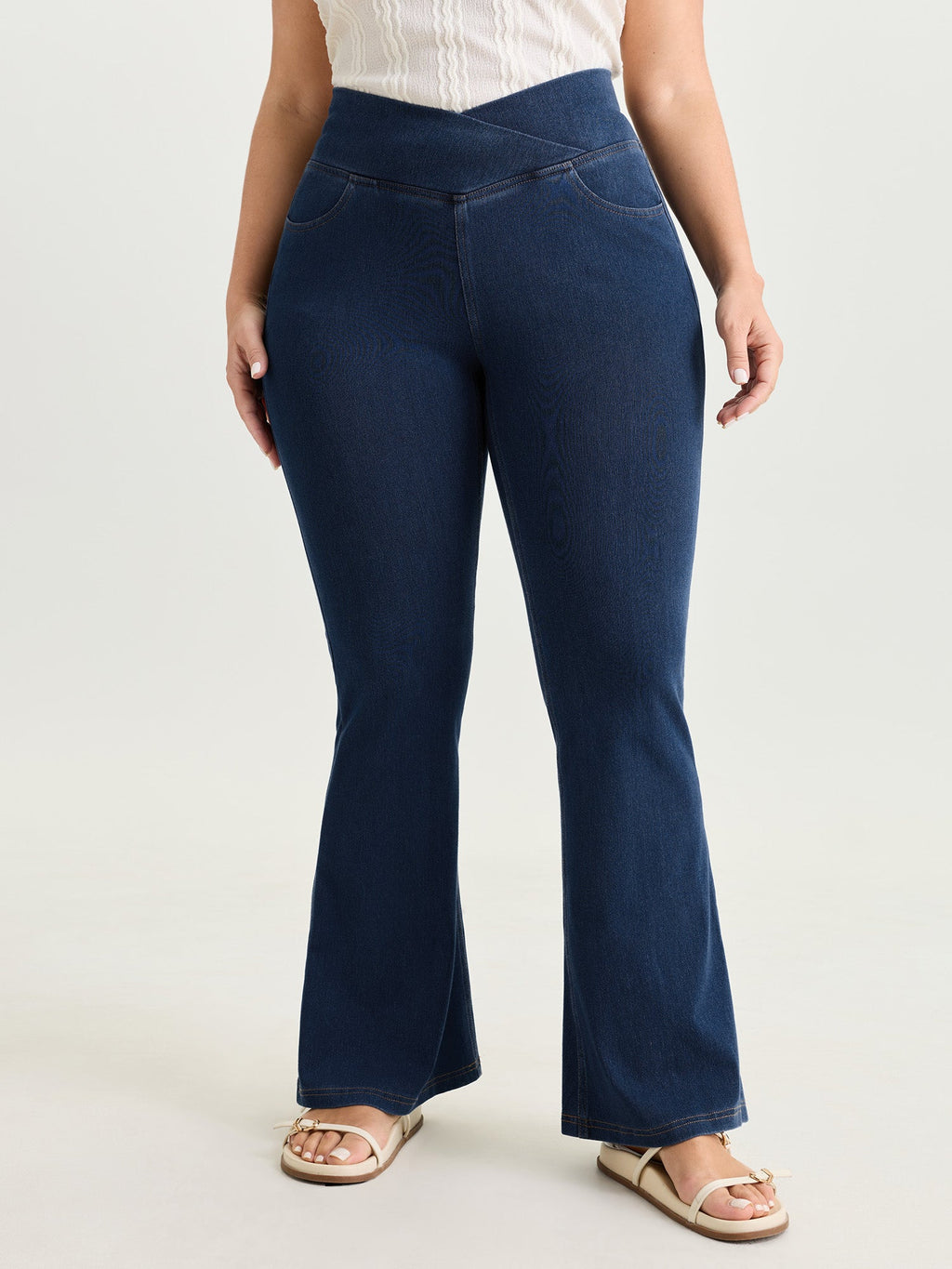 Pull-On Stretchy Wide Waistband Skinny-Fit Knit Jeans