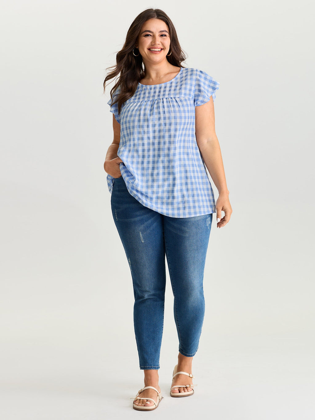 Gingham Print Ruffled Sleeve Pleated Blouse