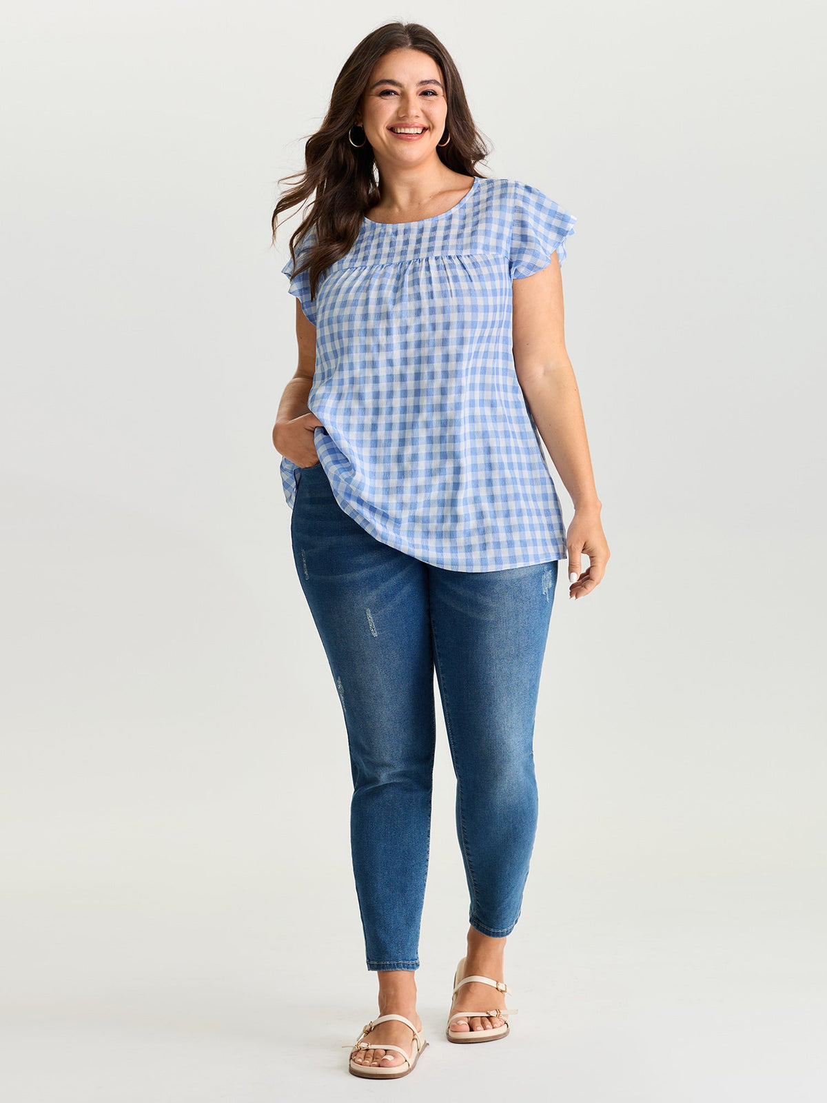 Gingham Print Ruffled Sleeve Pleated Blouse