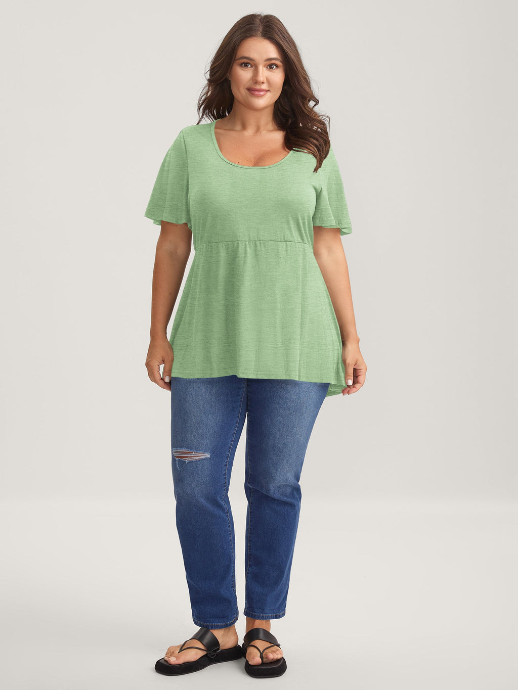 Ruffled Sleeve Round Neck Babydoll Top