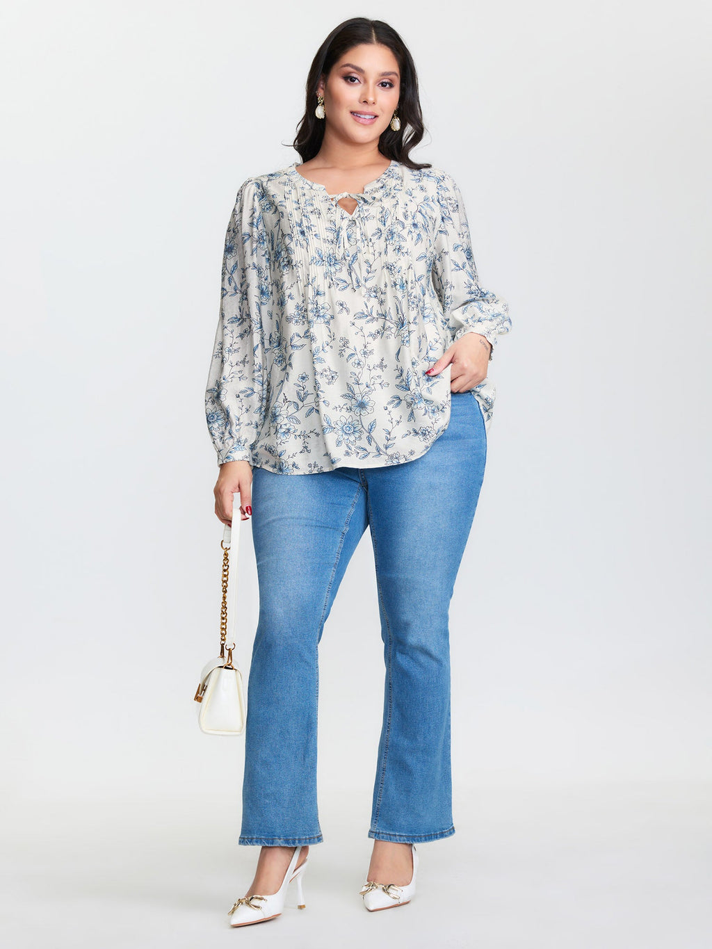Floral Print Neckline Tie Blouse