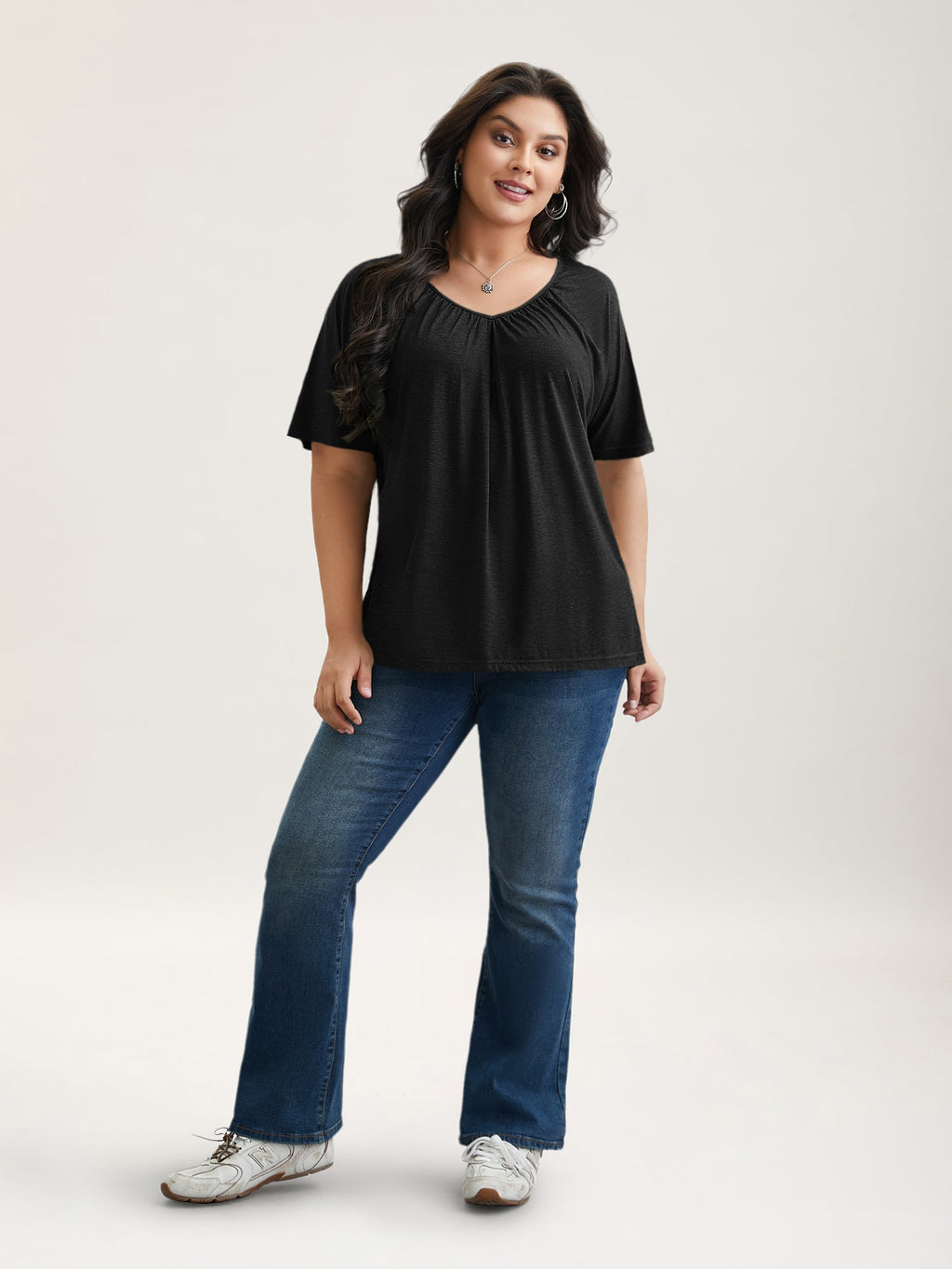 Pleated Plain Half-Sleeve Knit Top