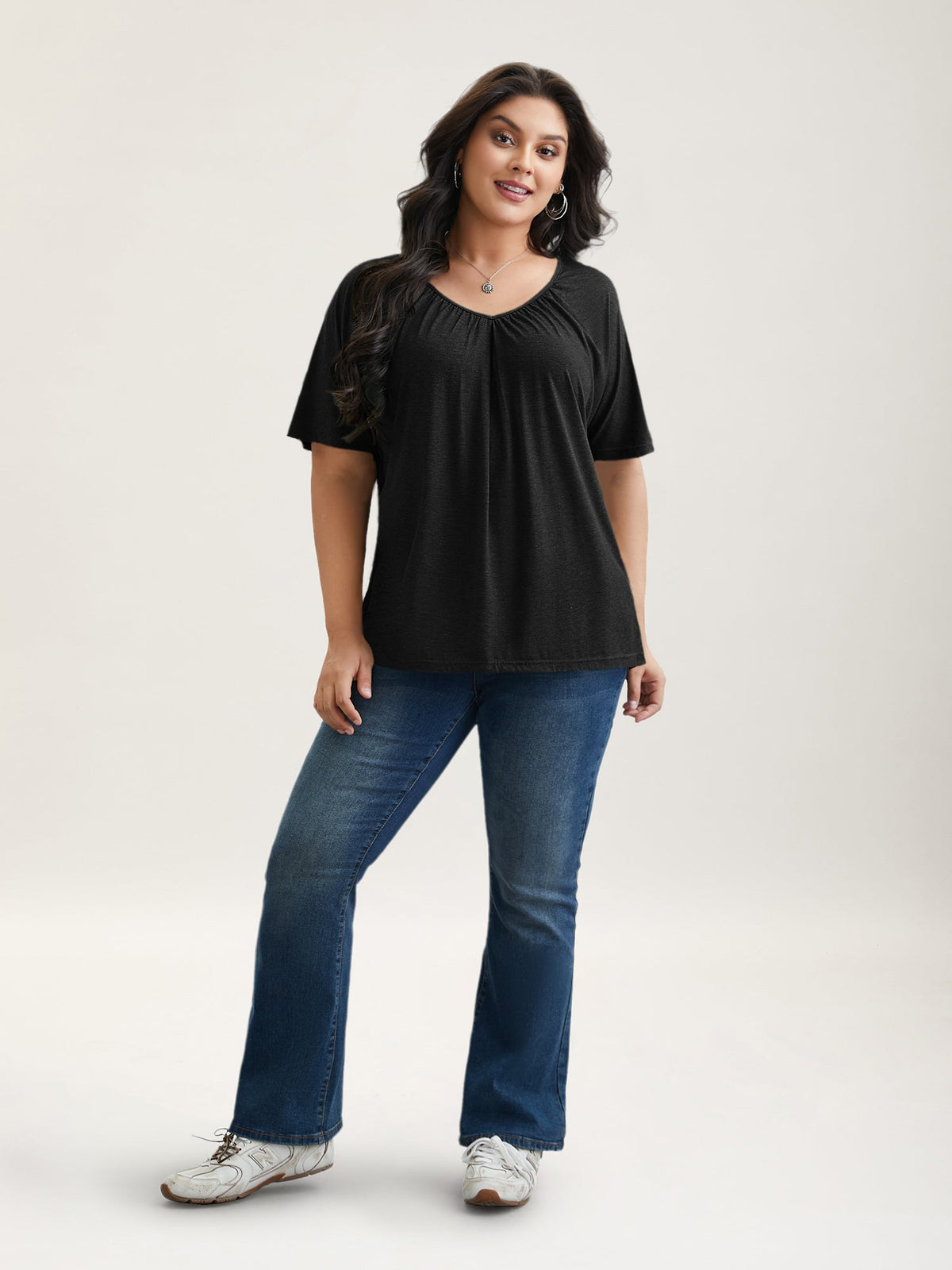 Pleated Plain Half-Sleeve Knit Top