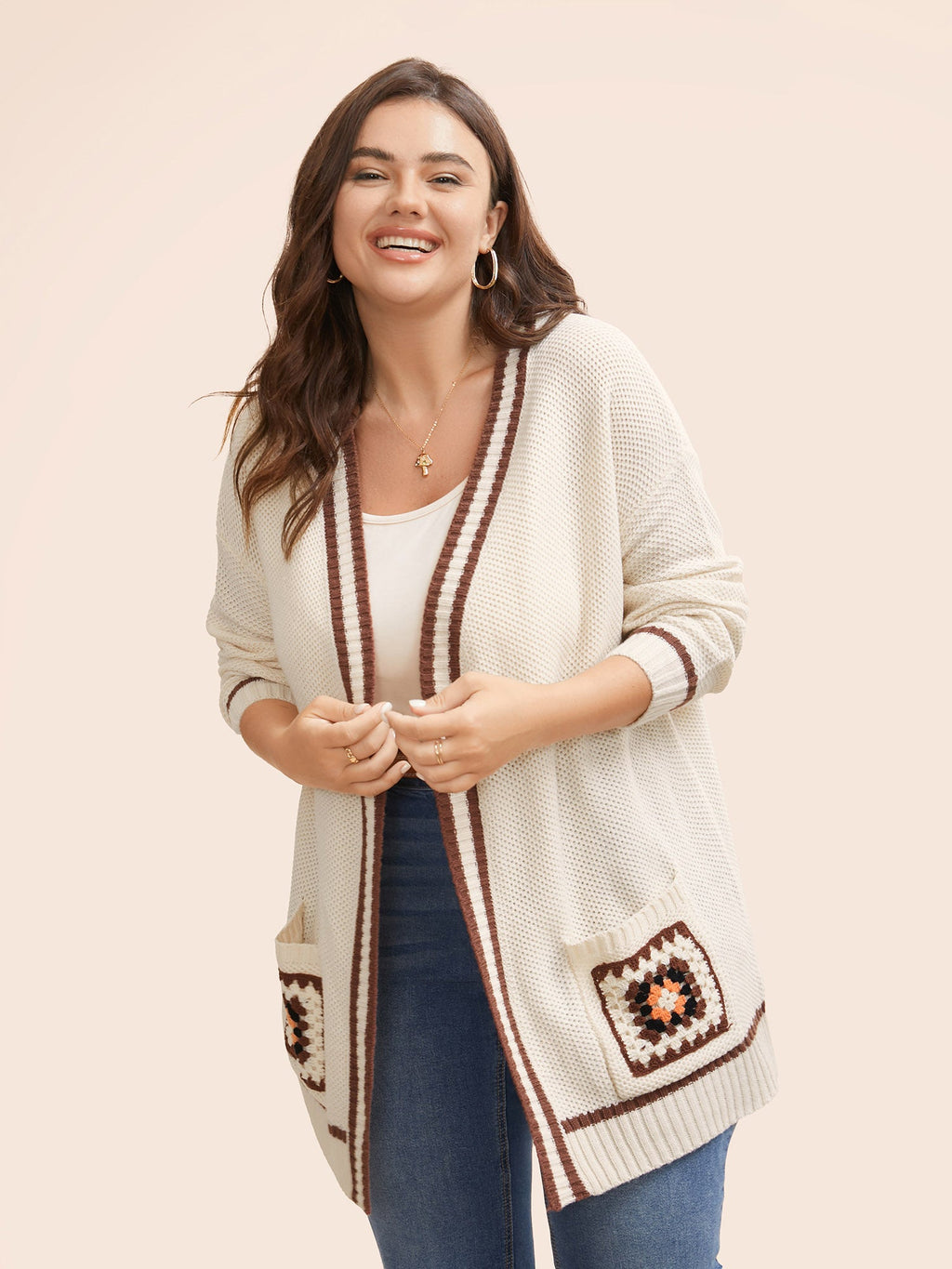 Crochet Floral Patch Pocket Drop Shoulder Cardigan