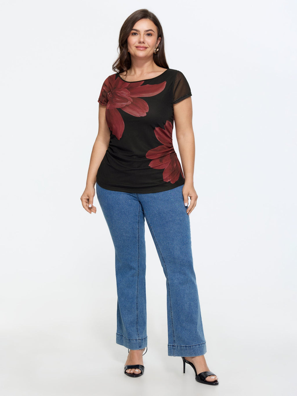 Floral Print Boat Neckline Fitted T-Shirt