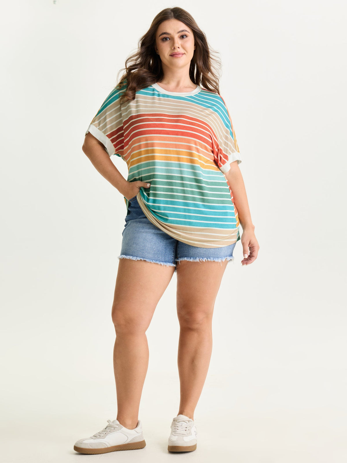 Colorful Gradient Stripe Round Neck T-Shirt
