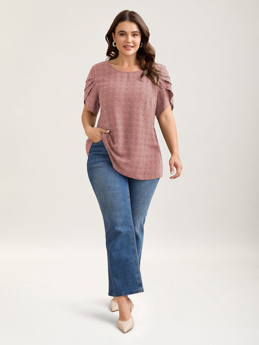 Textured Color Contrast Petal Sleeve Blouse