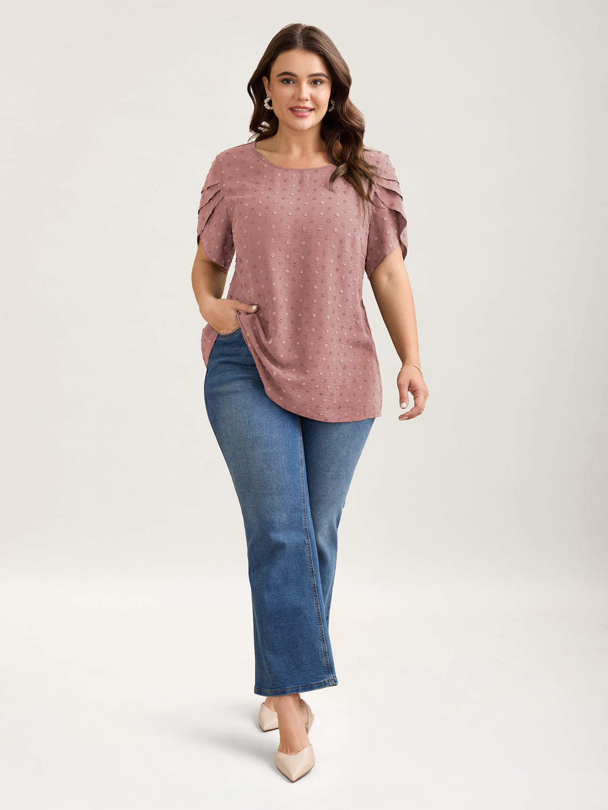 Textured Color Contrast Petal Sleeve Blouse