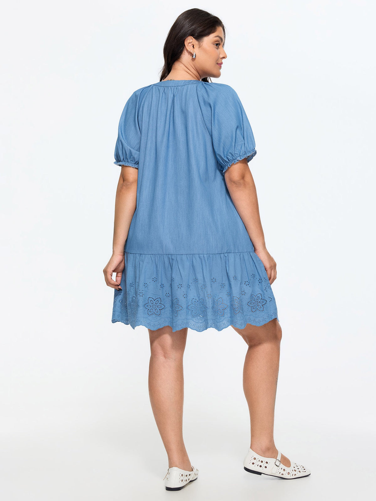 Ruffled Hem Notched Collar Faux Denim Mini Dress