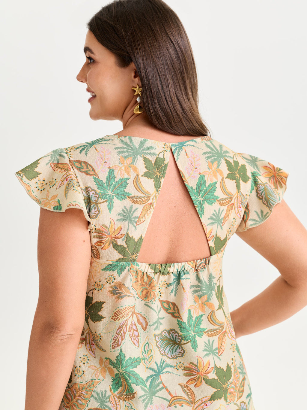 Bright Floral Texture Open-Back Blouse