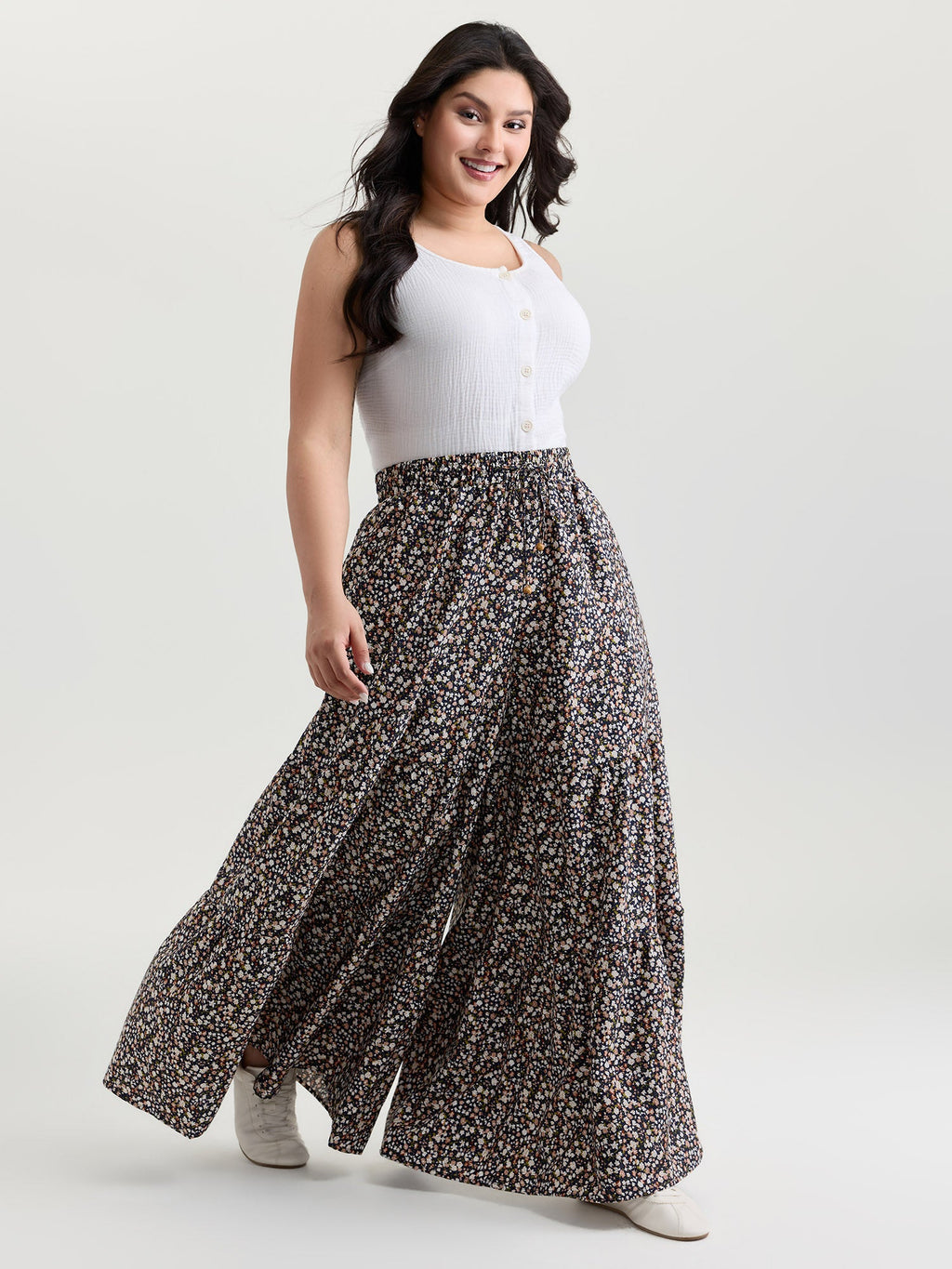 Micro Floral Print Wide Waistband Pants