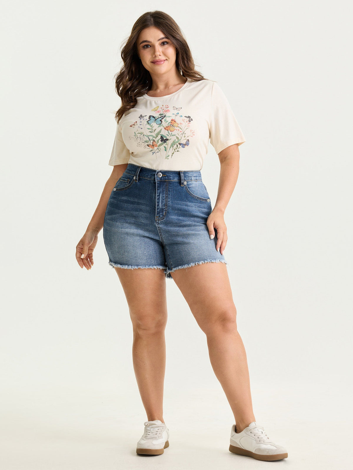 Stretchy Waist Raw Hem Straight-Leg Denim Shorts