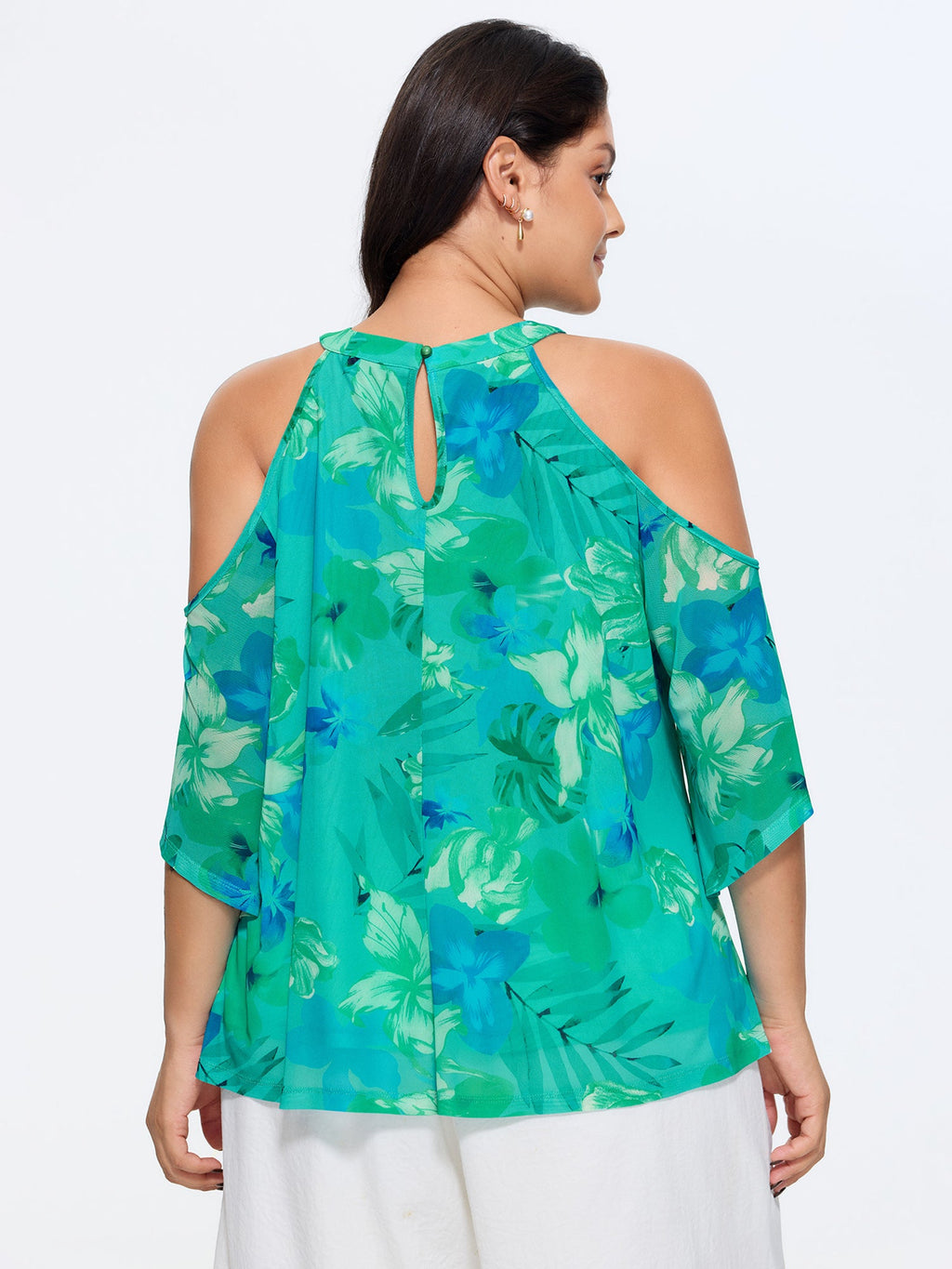 Stretchy Floral Print Cold-Shoulder Blouse