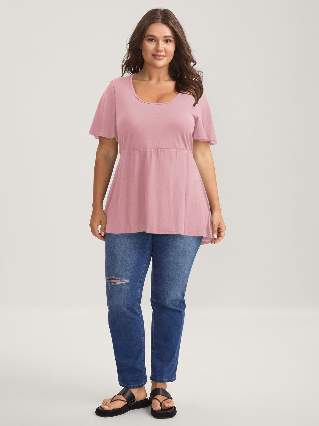 Ruffled Sleeve Round Neck Babydoll Top
