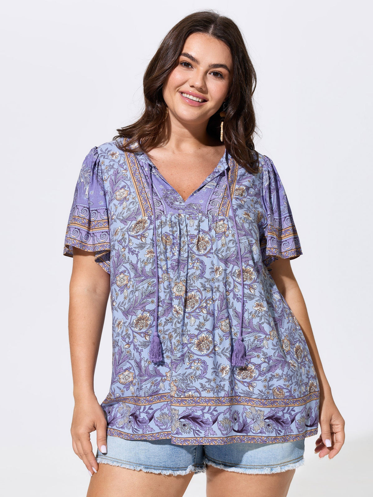 Floral Print Tassel Ruffled Sleeve Blouse