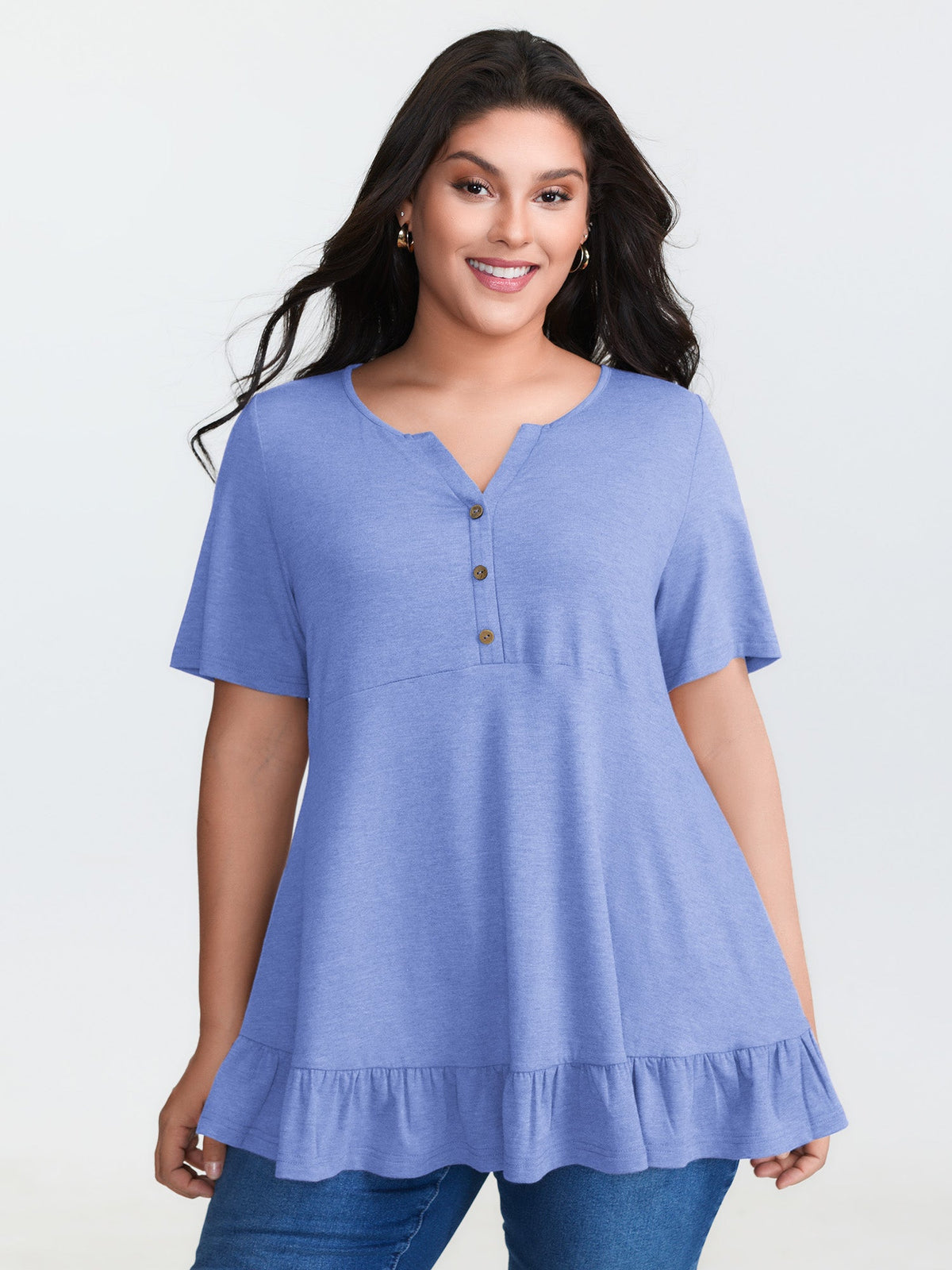 Supersoft Stretchy Ruffled Hemline Button T-Shirt