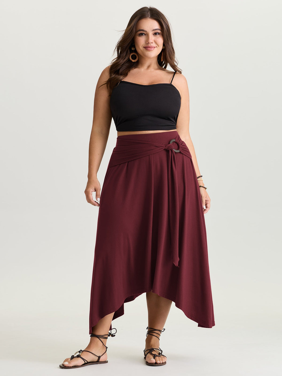 Supersoft Ring Detail Tie Asymmetrical Hem Midi Skirt