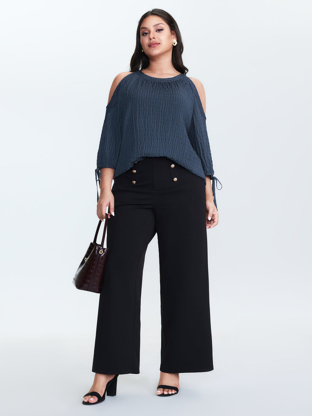 Shoulder Cut-Out Textured Back-Tie Blouse