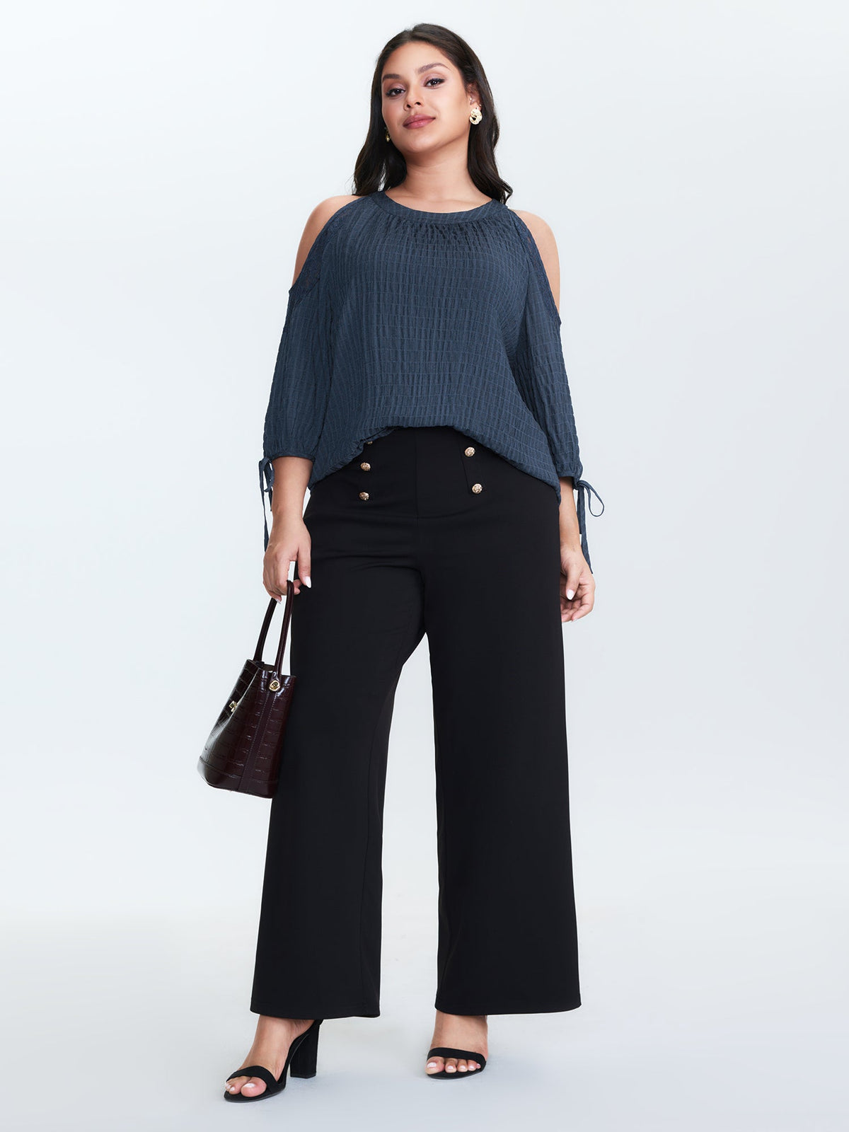 Shoulder Cut-Out Textured Back-Tie Blouse