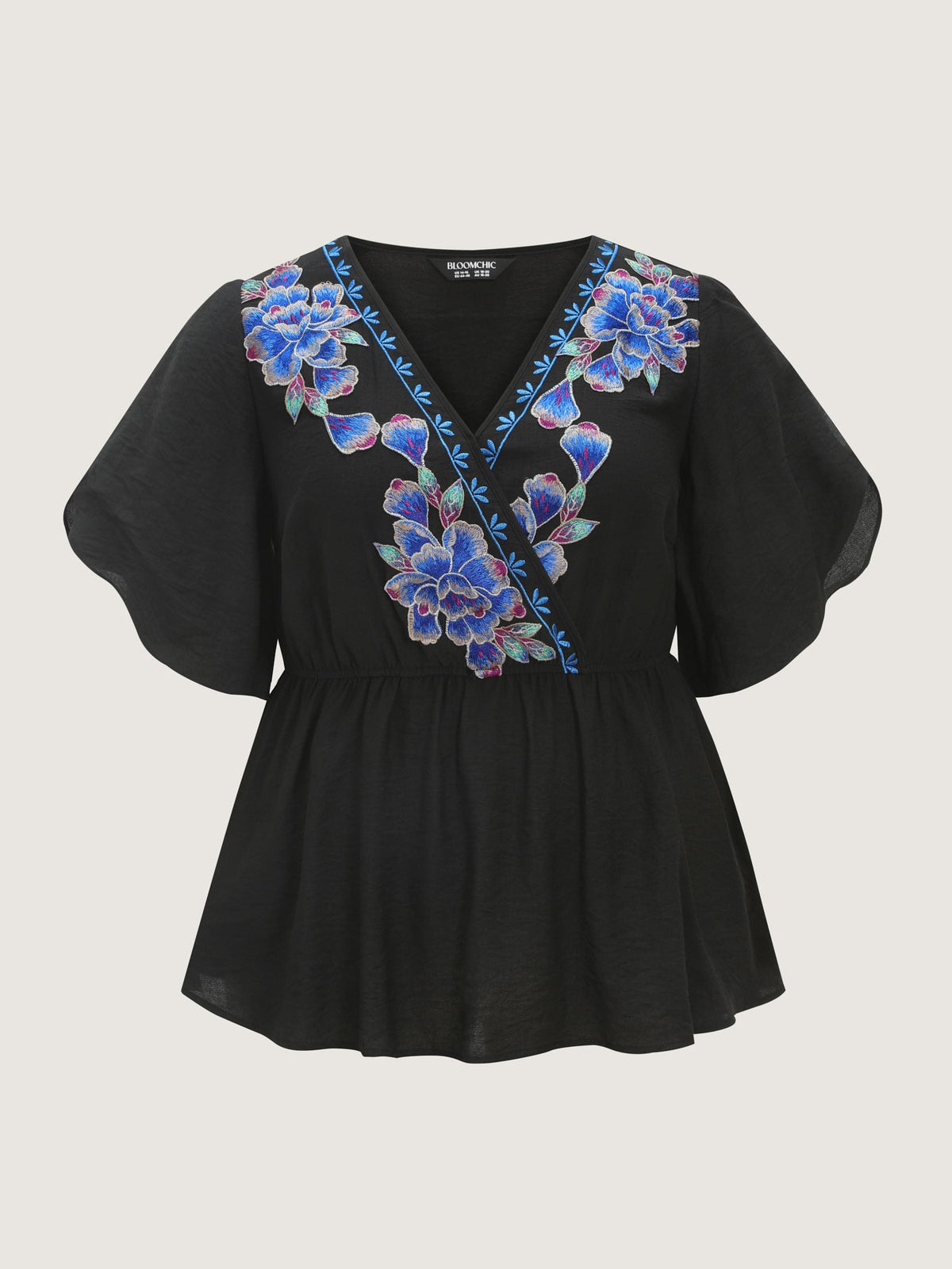 Floral Embroidered Wrap Neckline Top