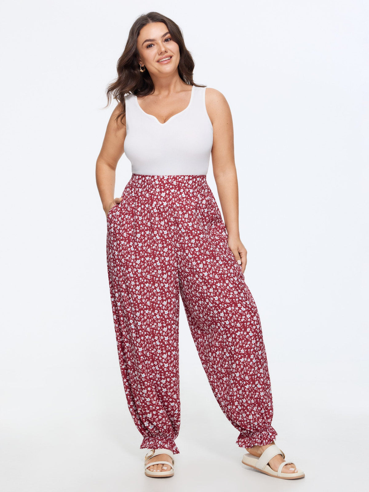 Floral Print Shirred Waist Jogger Pants