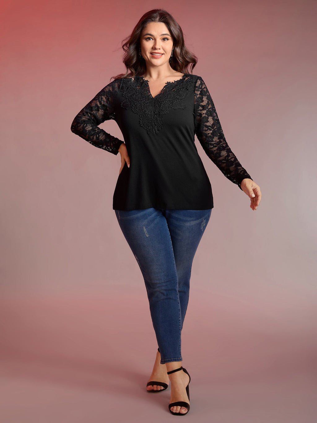 Sheer Lace Fitted Solid T-Shirt