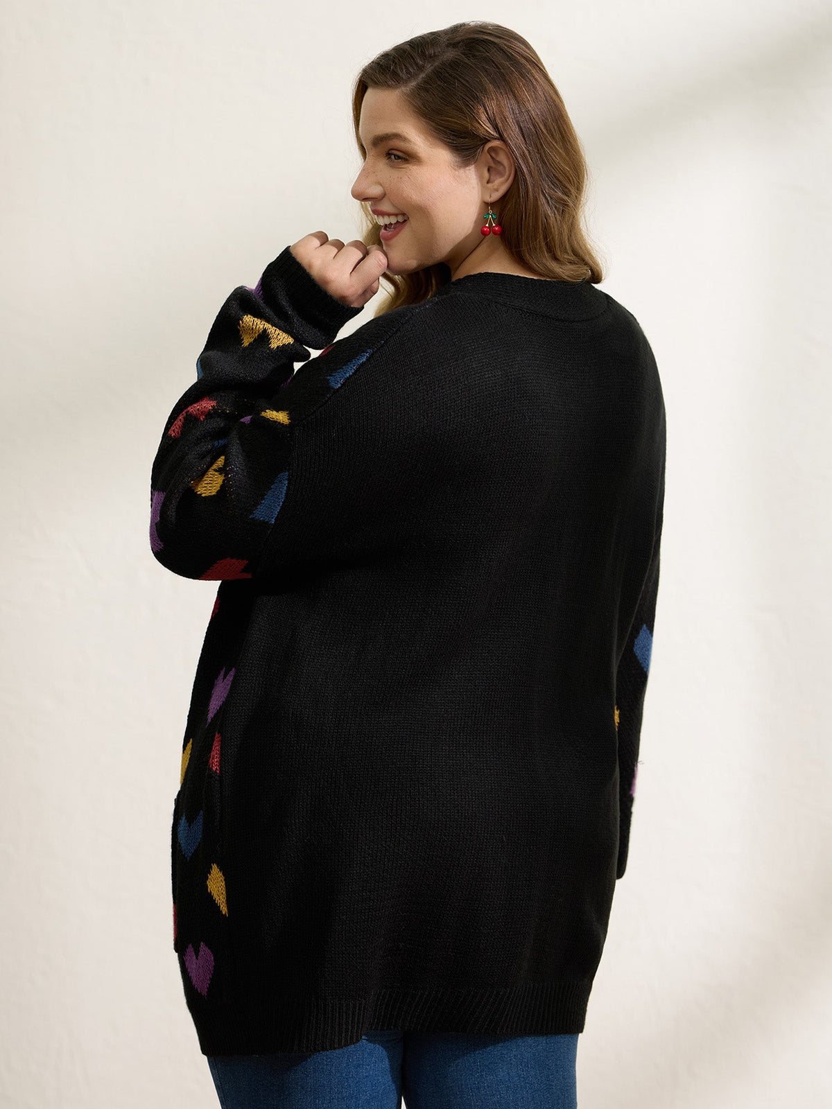 Colorful Hearts Jacquard Pockets Knit Cardigan