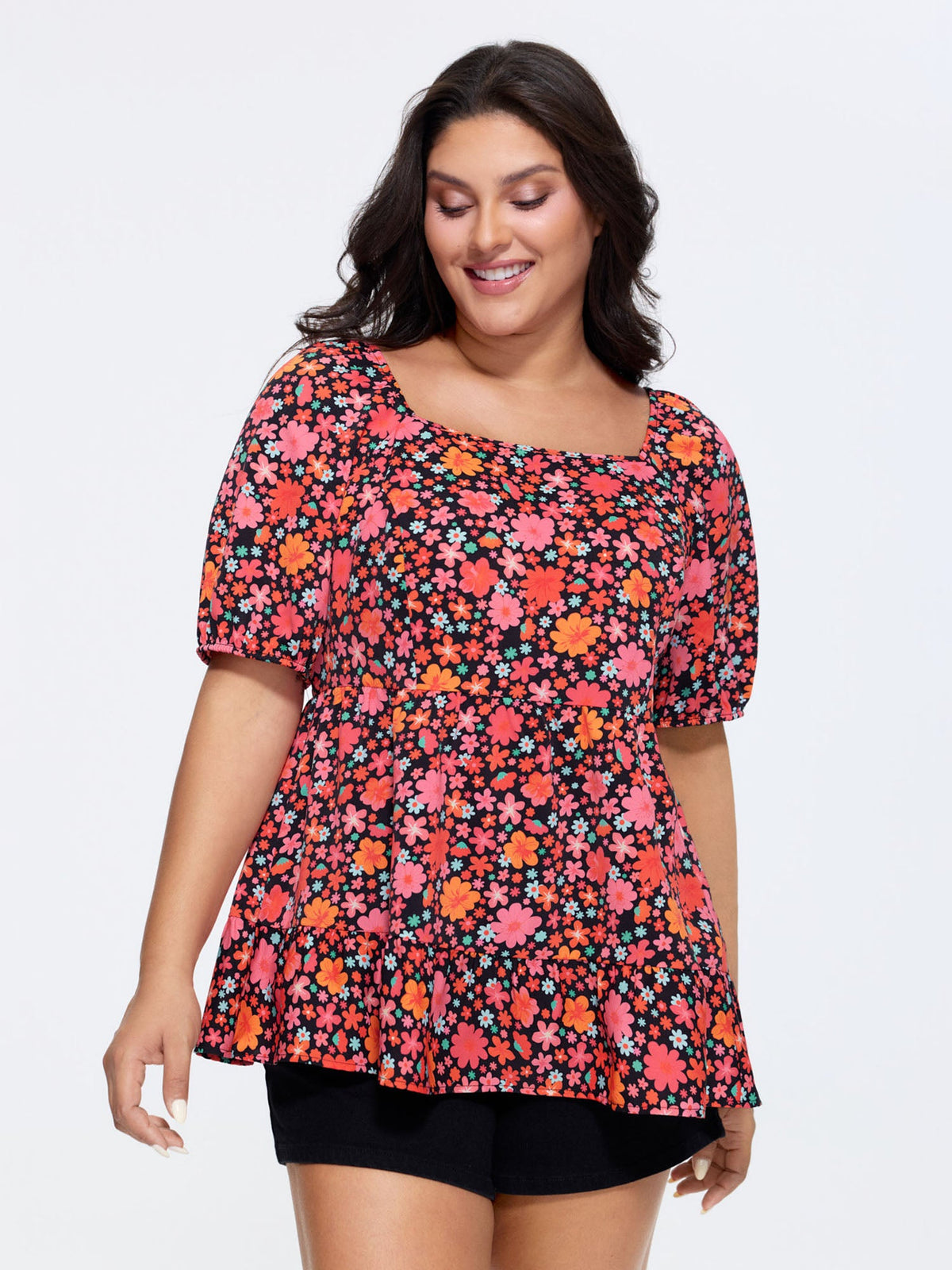 Floral Square Neck Fit and Flare Blouse