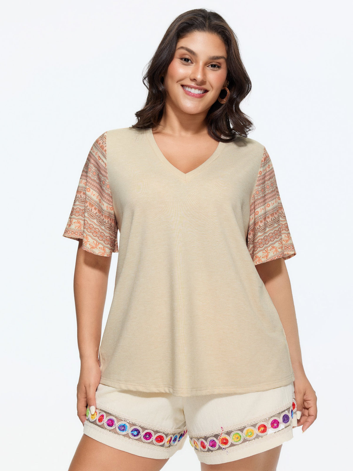 Colorful Boho Sleeve V-Neck Blouse