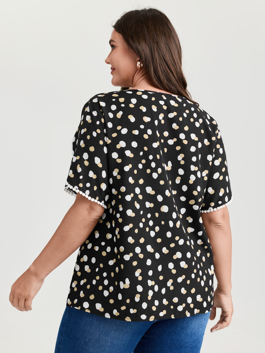 Irregular Polka Dots Print Lace Trim Blouse