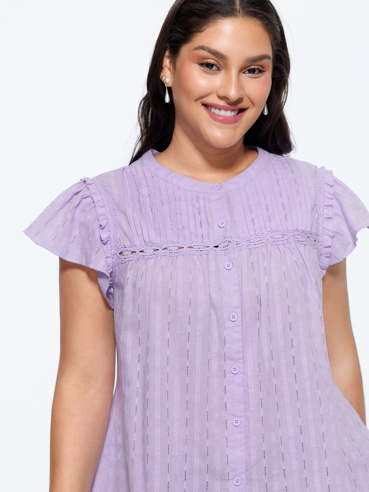 Cotton Textured Lace Trim Placket Blouse