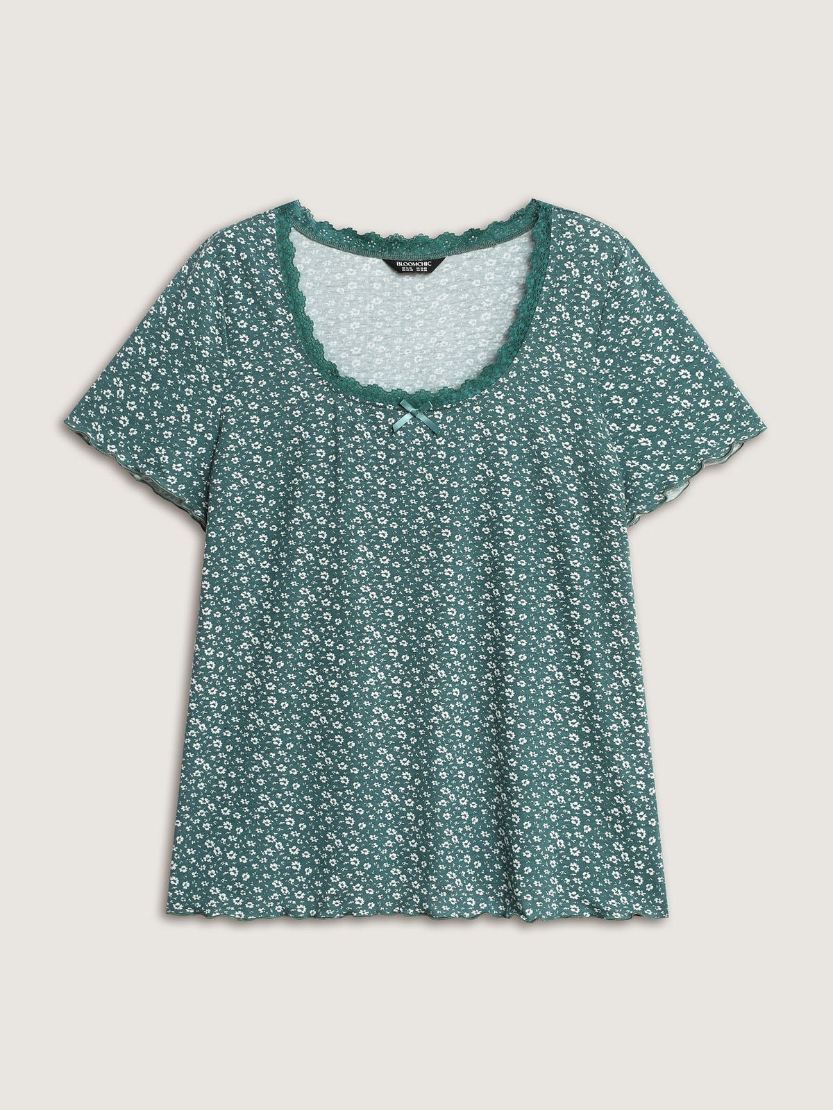 Floral Print Lace Neckline T-Shirt
