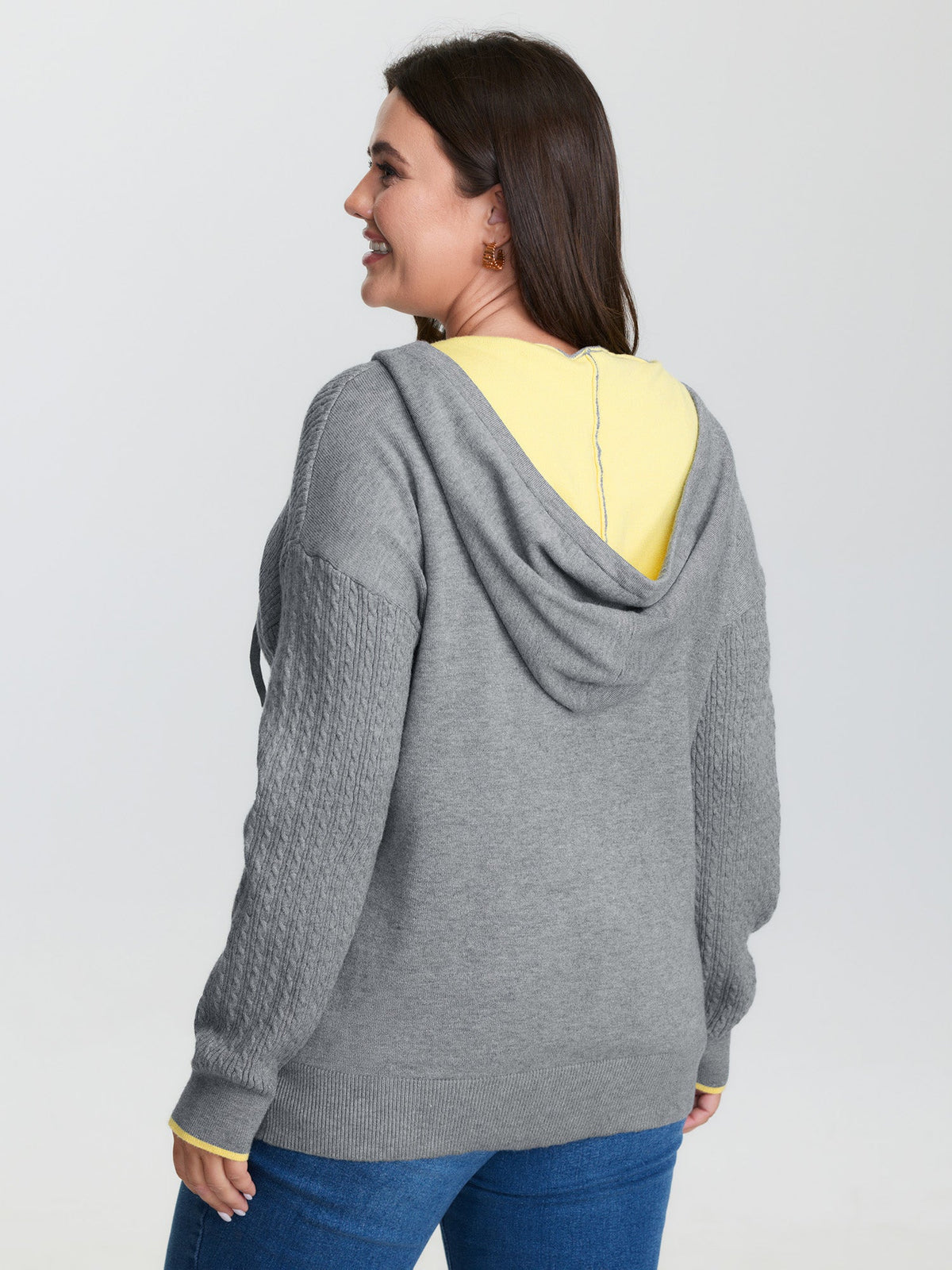 Textured Contrast Hooded Zipper Knit Cardigan