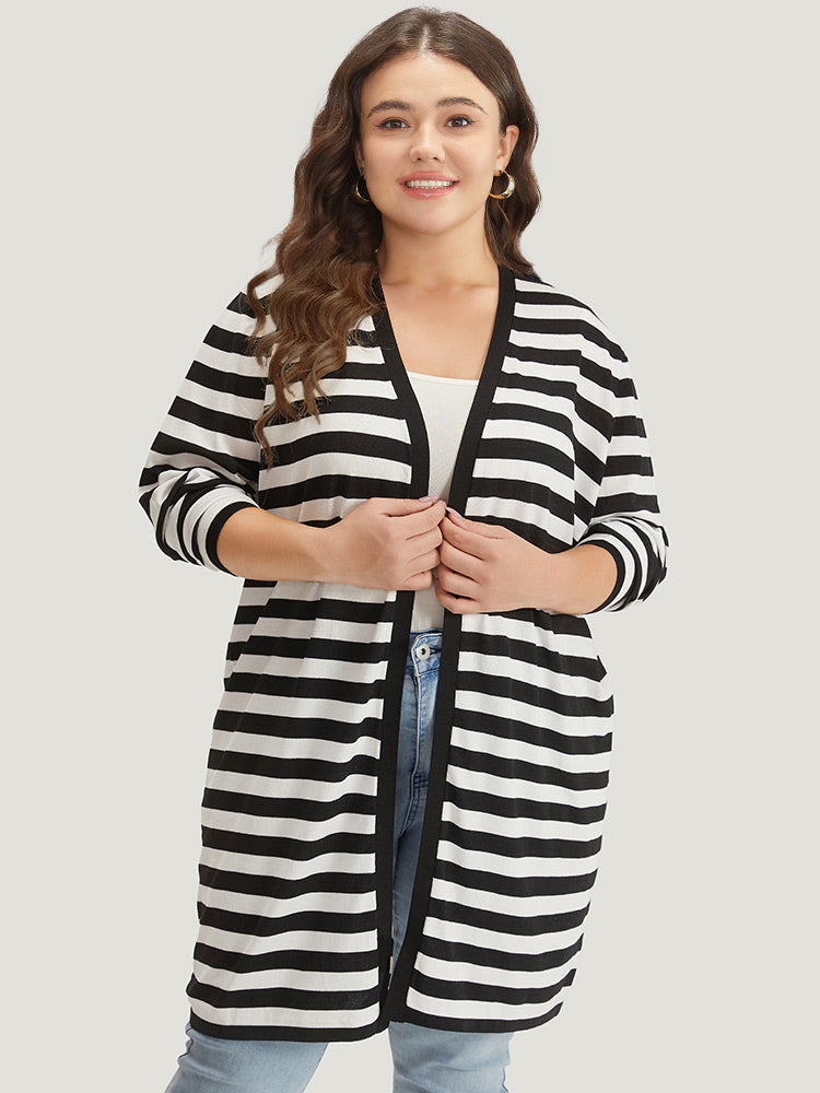 Striped Open Front Drop Shoulder Tunic Cardigan