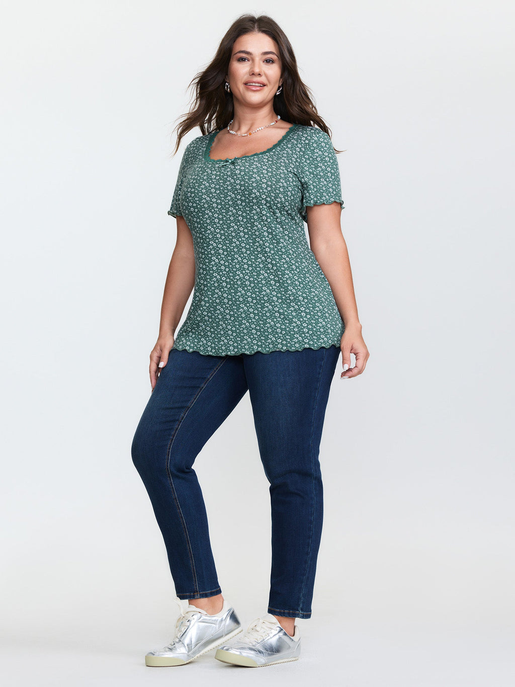 Floral Print Lace Neckline T-Shirt